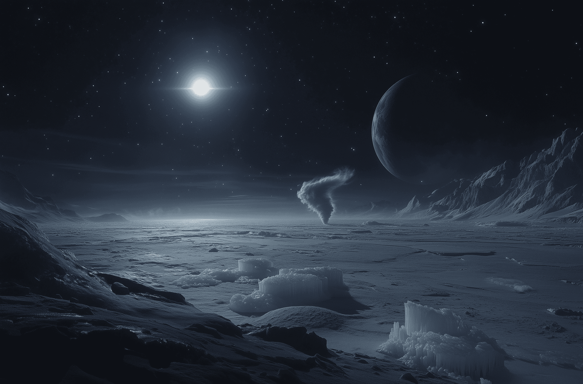 AI generated: A blue gas giant planet in the upper left corner of an all-black sky, with stars and two moons visib...