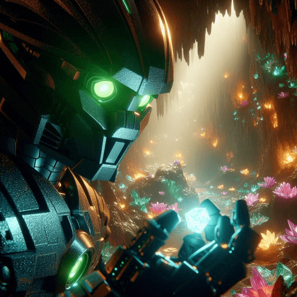 AI generated: Close-up Star Wars 4K cinematic CGI rendering of an ancient black Bionicle Matoran of Earth with gre...