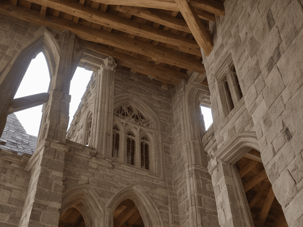 AI generated: The building's architecture is a mix of stone and wood, with a prominent tower that rises from the c...