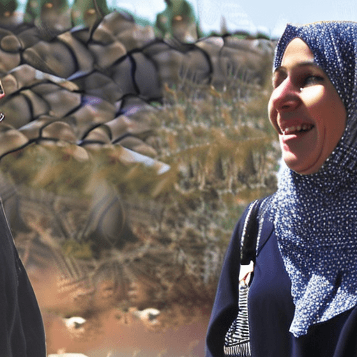 AI generated: Muslim woman with hijab and jewish man, smiling together, war in backround, israel and palestina
