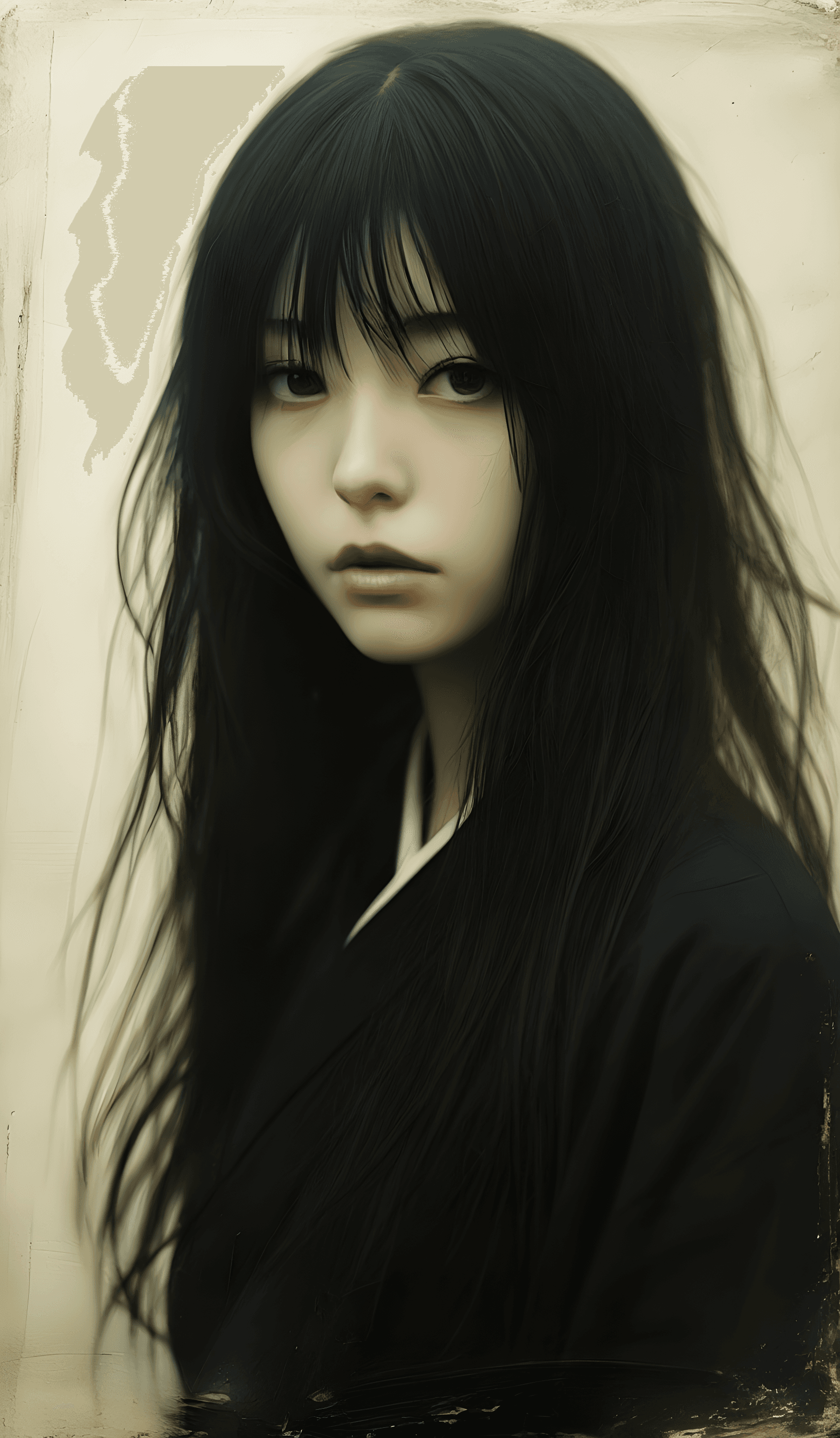 AI generated: aged photograph of an asian female figure, ethereal and otherworldly presence, long dark hair obscur...