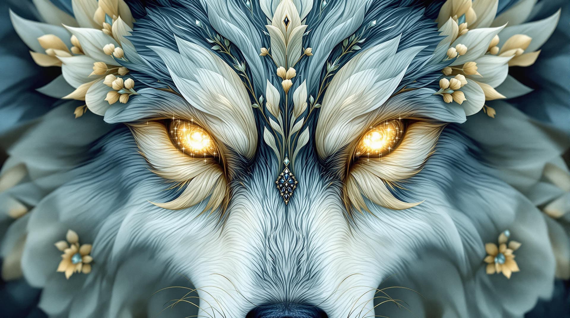 AI generated: In a mesmerizing blend of natural and fantastical, exquisite flowers take on the form of a wolf's fa...