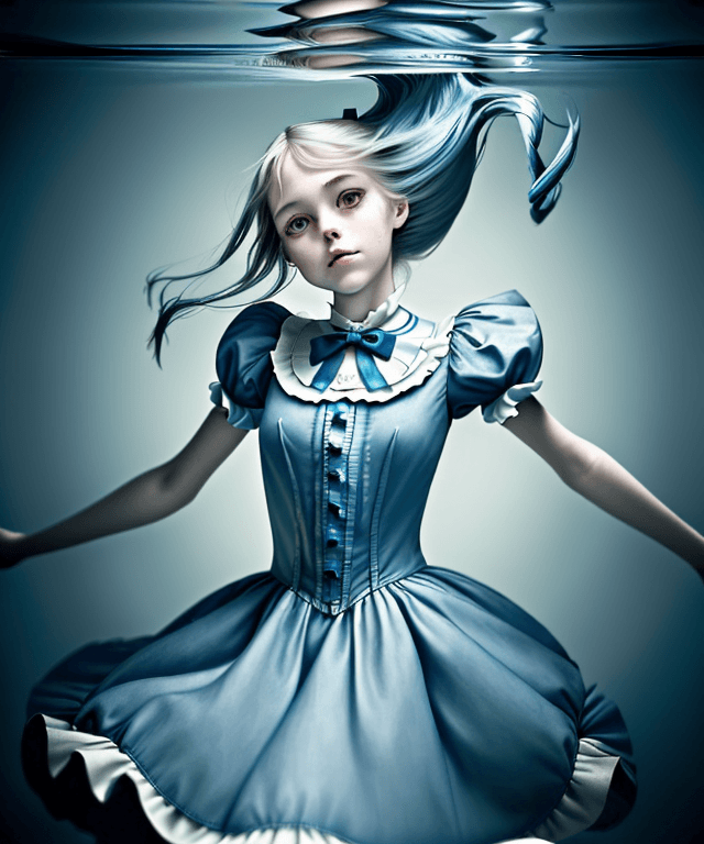 AI generated: Please create a depiction of an adult version of Alice from "Alice in Wonderland" wearing her classi...