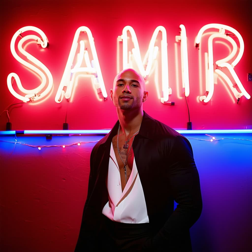 AI generated: a HANDSOME SKINNY BALD man stands in front of a neon sign that reads "SAMIR" in bold white letters. ...