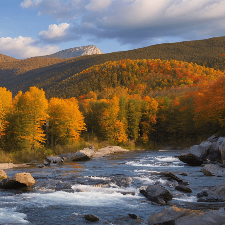 AI generated: photorealistic oil on canvas, 
small hills, flowing river, trees,
beautiful setting, fall,
Foregroun...