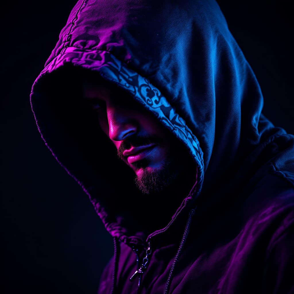 AI generated: hooded man, hidden face, low light, cyberpunk tattoo designs , in the style of silkscreen, purple an...
