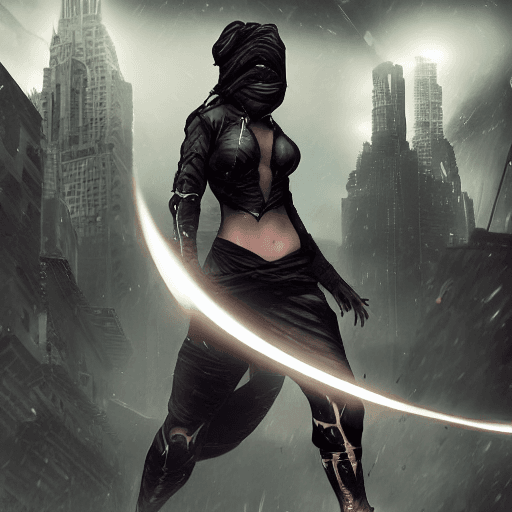 AI generated: Digital artwork, concept art, a female ninja with Prompt Hero logo on her chest, standing on rooftop...