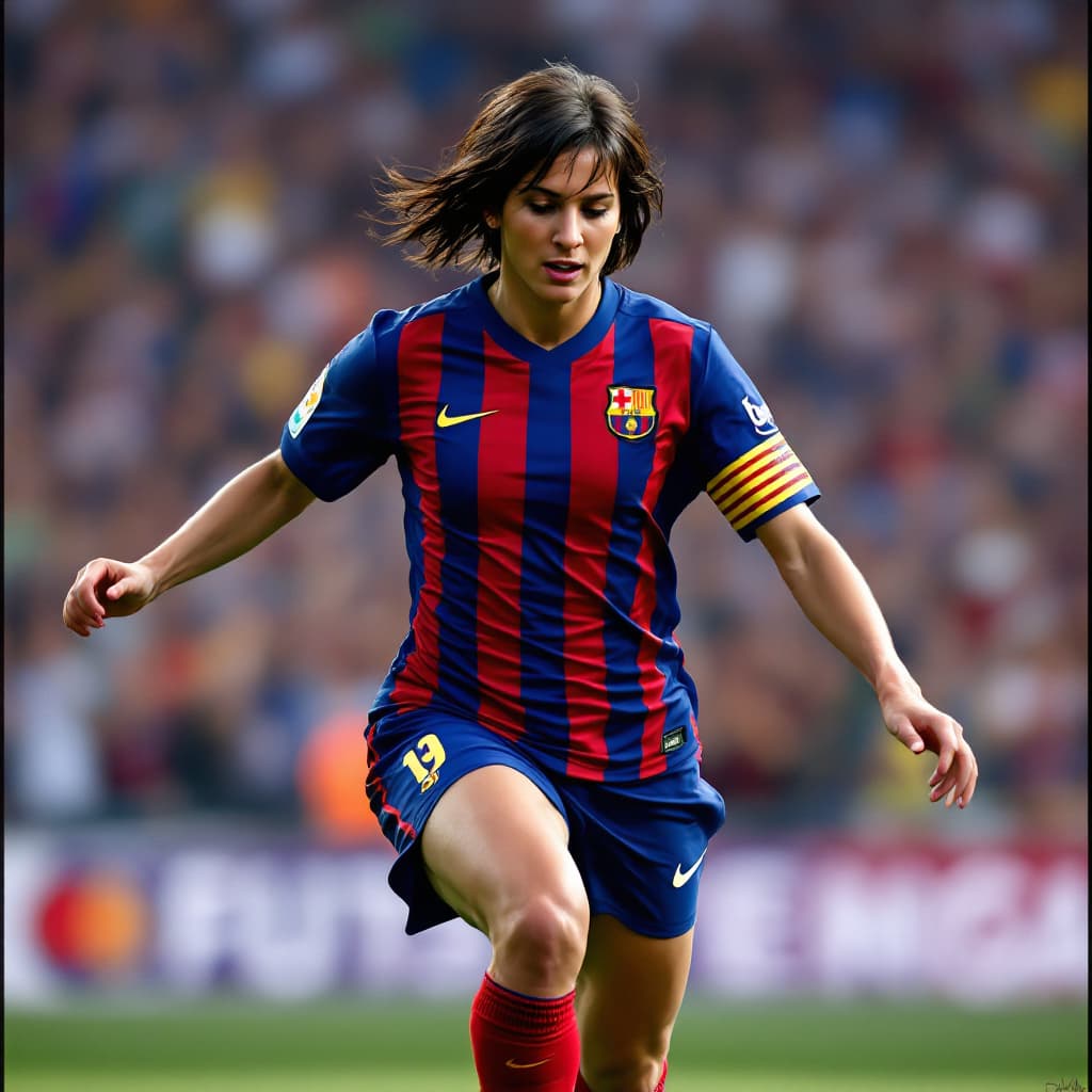 AI generated: Female football player, resembling Lionel Messi with short dark brown hair, wearing a blue and red s...