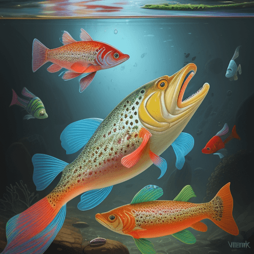 AI generated: fish trout eat colorful worms by Vincent Schwenk