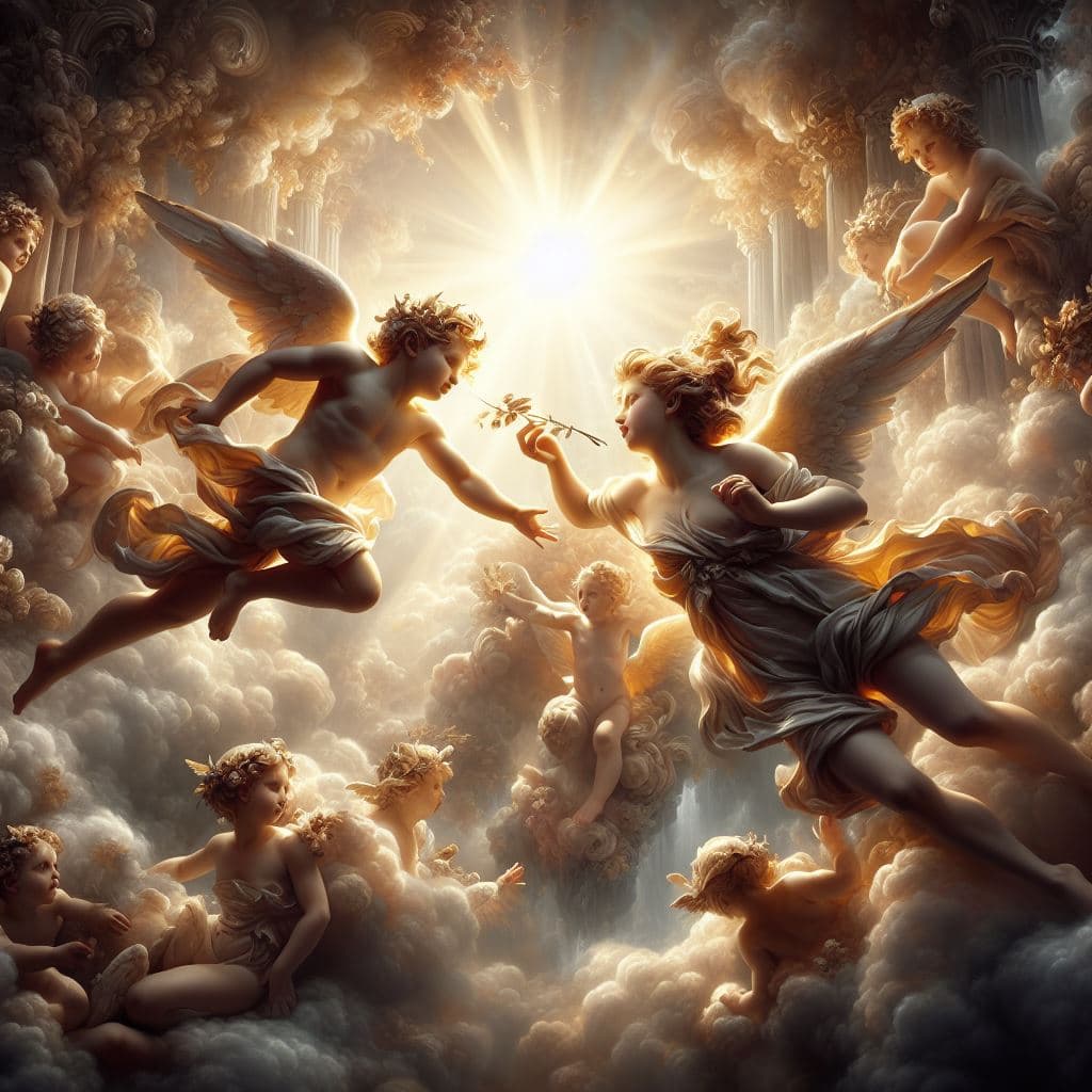 AI generated: cherub,amor ,beautiful  ,love,scene,dynamic lights, photorealism, high detailed, Greg Rutkowski, epi...