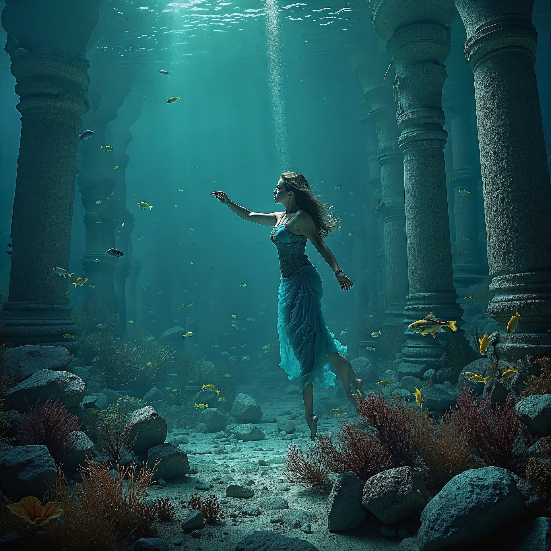 AI generated: epic wonderful colourful underwaterworld,mystique,ancient ruins,mermaids,air bubbles,dynamic lights,...