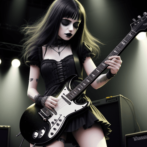 AI generated: gothic girl playing electric  guitar with his band in a concert high quality realistic photo rock
