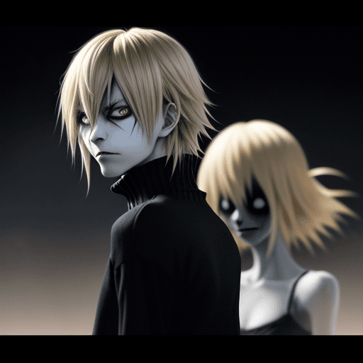 AI generated: Ryuk from death note with long bangs and shoulder-length blond hair stands in the foreground of the ...