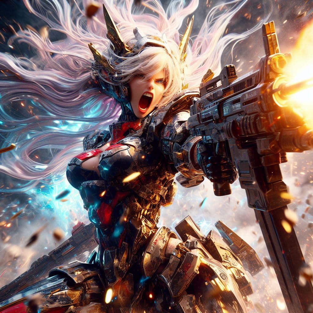 AI generated: photorealistic, detailed flying hair, urbanpunk, more colorful, girl fighting at war, screaming and ...