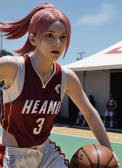 AI generated: Sakura Haruno playing basketball, dressed in Miami Heat uniform, Miami Heat jersey, realistic perspe...