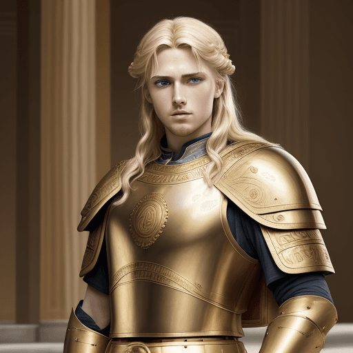 AI generated: Portrait of Alexsander the Great, pierce  blue eyes and golden blond hair,  full body, Roman style d...
