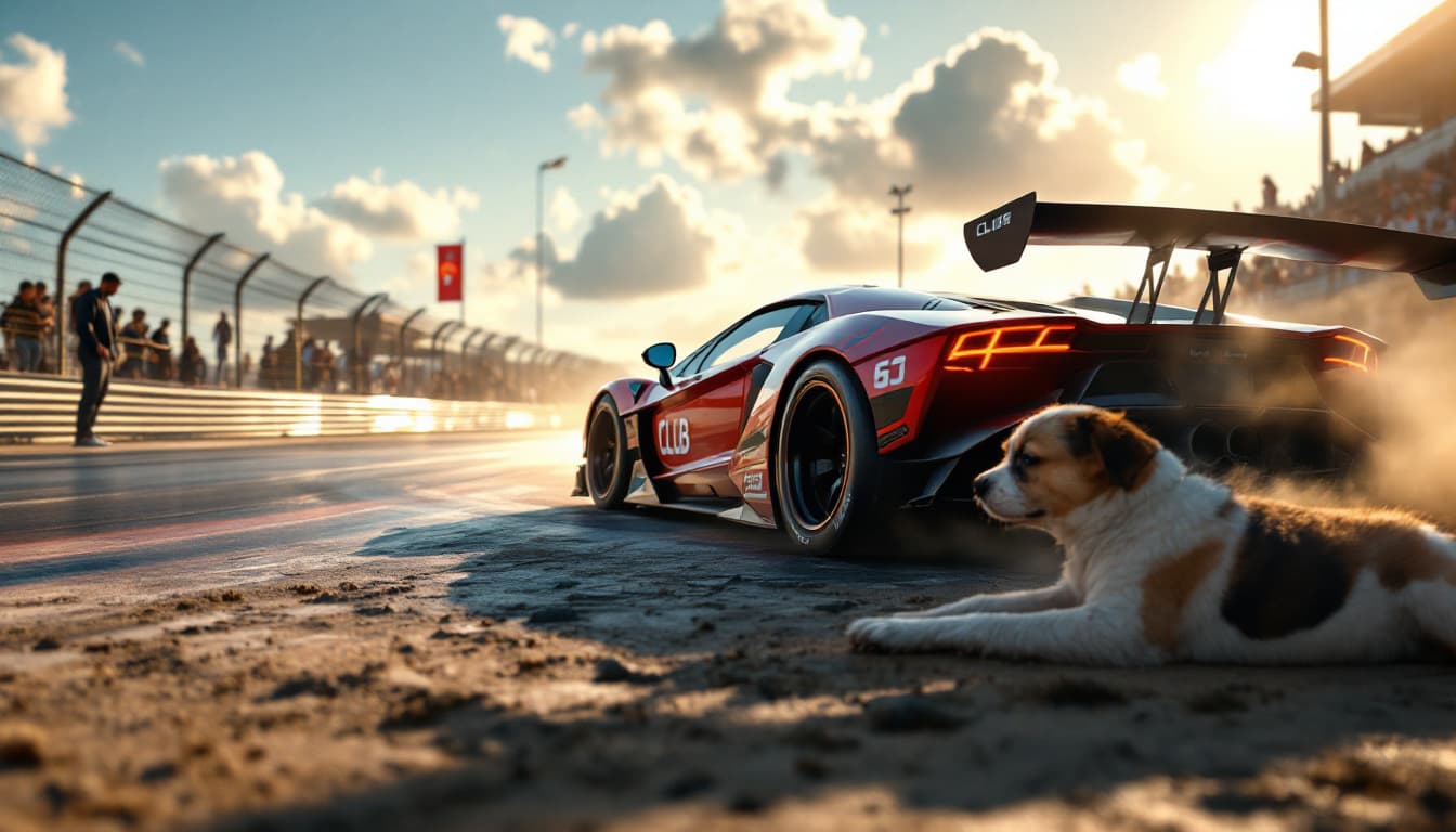 AI generated:  The race track is well lit by sunlight.  A car with the club logo on the sides is racing down the t...