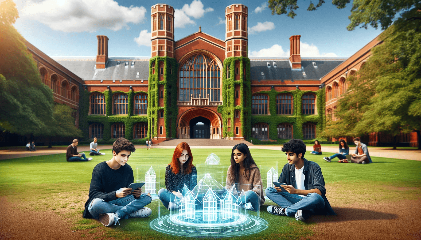 AI generated: Three students of diverse descents - Hispanic, Middle-Eastern, and South Asian - are sitting on a lu...