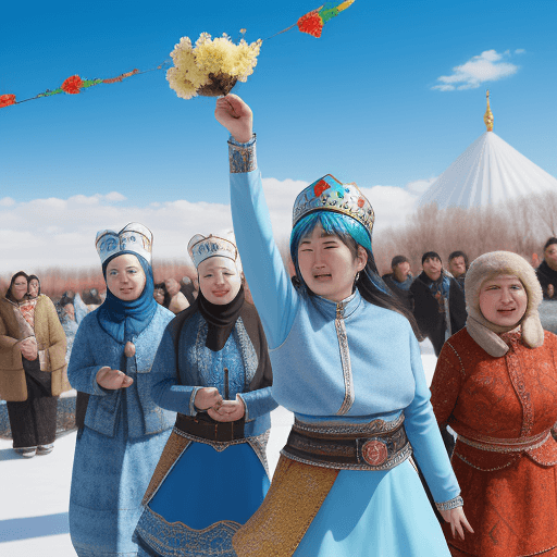 AI generated: Kazakh people celebrate Navruz. Blue sky. Springtime. Realistic. 