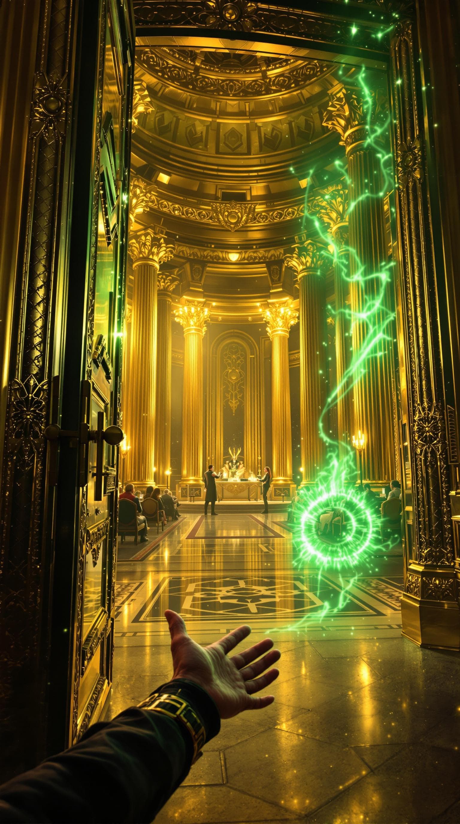 AI generated: First-person POV, Loki’s hand effortlessly pushes open the grand golden doors of Odin’s palace, thei...