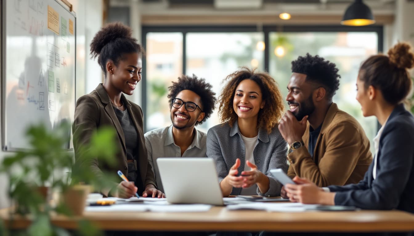 AI generated: `/imagine prompt: Diverse team of professionals brainstorming in modern office:

African woman (conf...