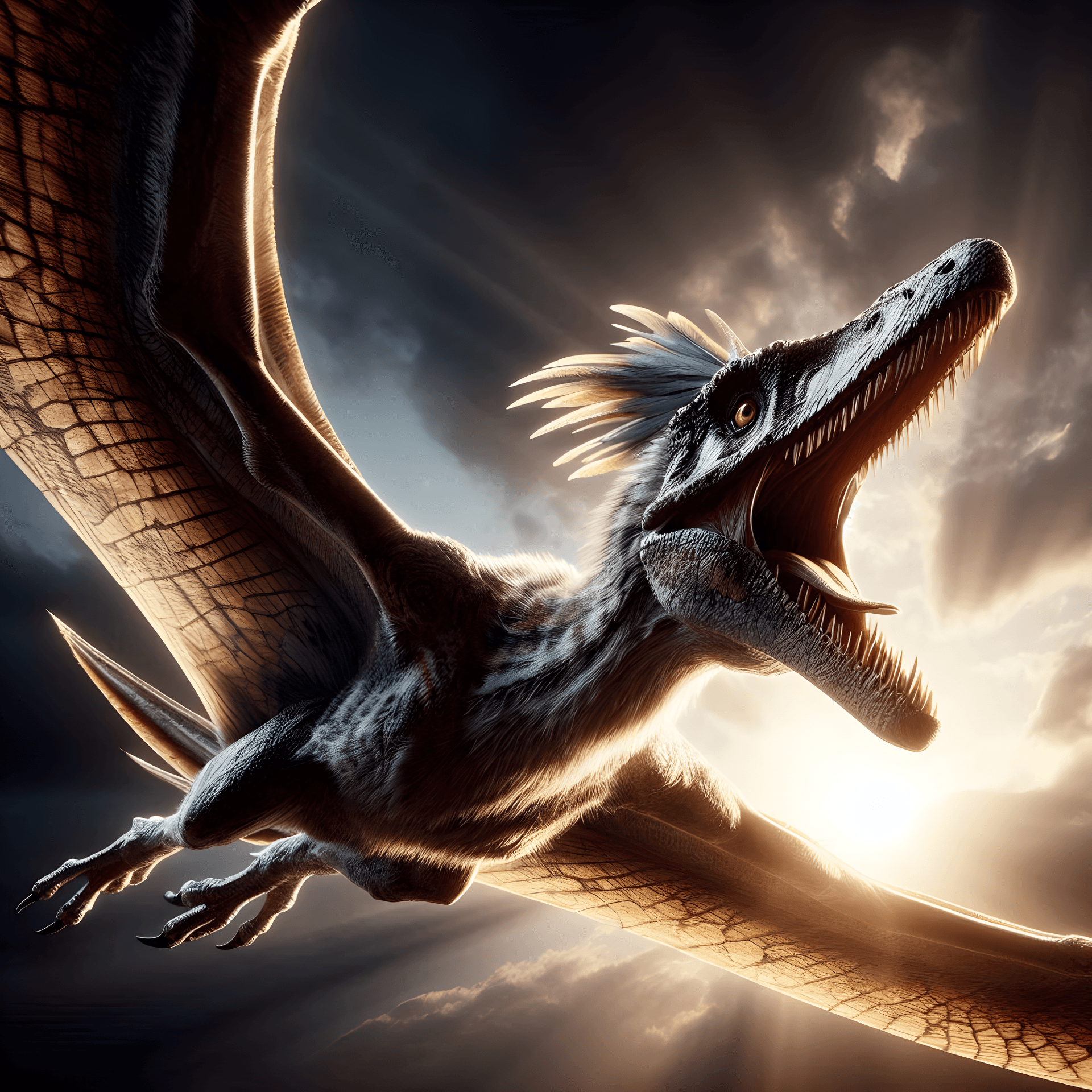 AI generated: Detailed CGI image of a flying Pteranodon, dramatic angle from the perspective of the creature in fl...