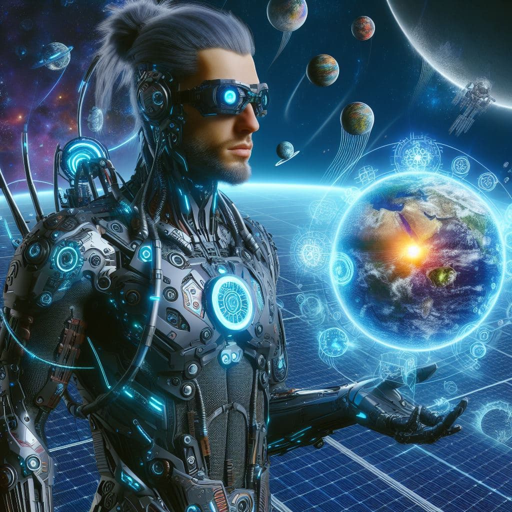 AI generated: A full-body portrait of a cyberpunk ambassador traveller of the universe promoting solar energy.
Ma...