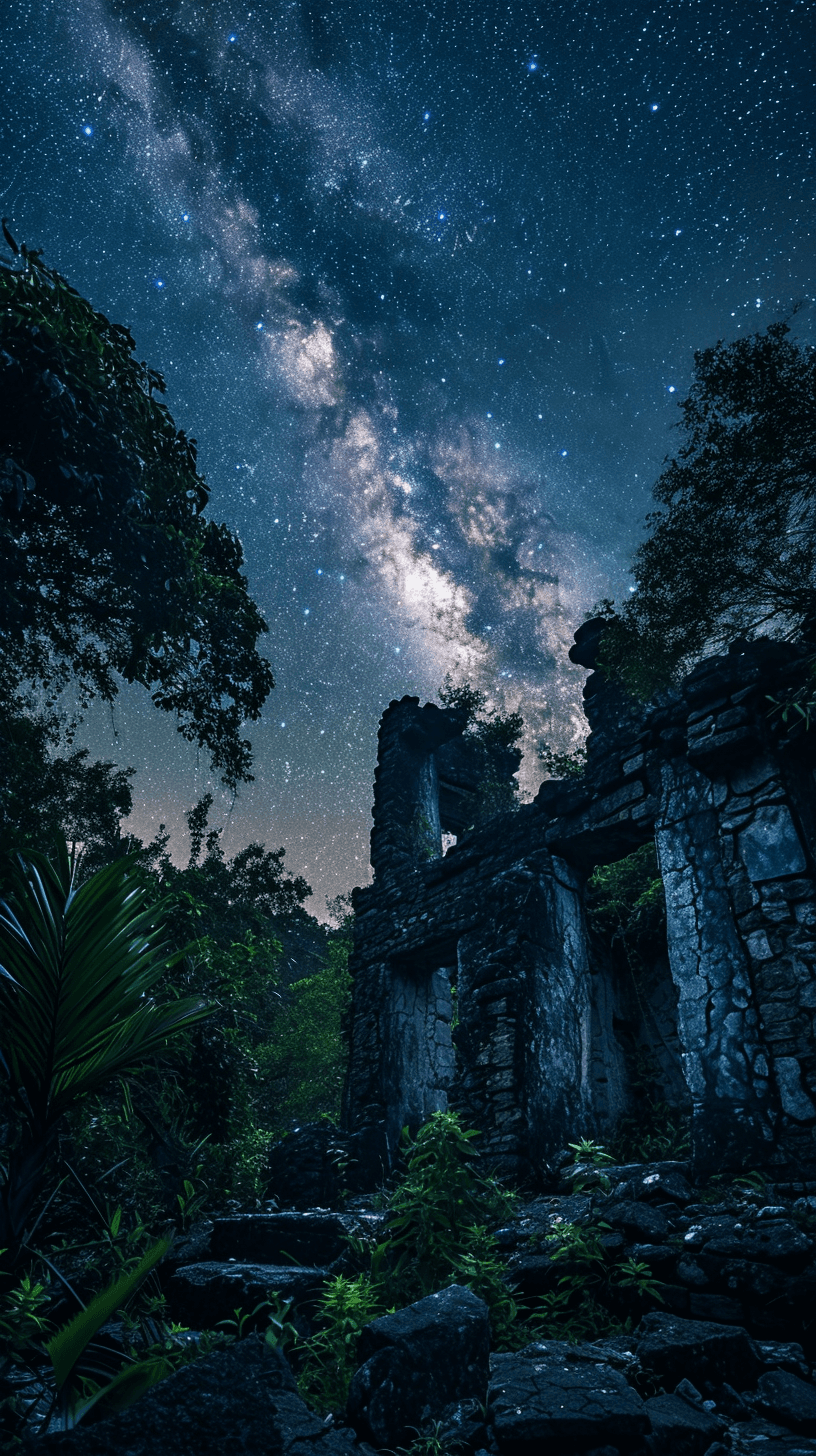 AI generated: professional photograph, Ancient ruins, star-filled sky, Milky Way, silhouette, overgrown vegetation...