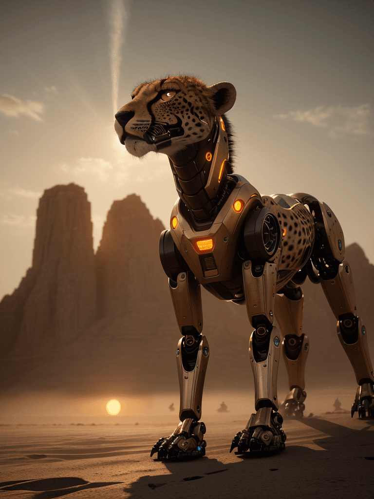 AI generated: Photo of a robotic cheetah, dramatic light, pale sunrise, cinematic lighting, battered, low angle, t...