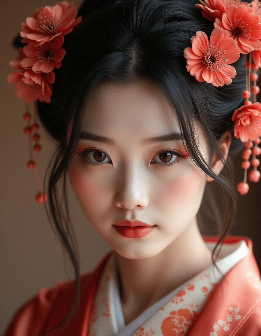 AI generated: Beautiful Japanese woman, porcelain skin, flawless and radiant, ethereal beauty, monolid eyes dark a...
