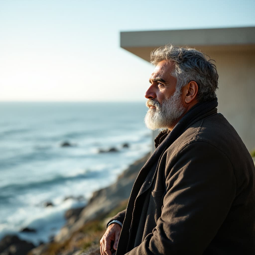 AI generated: Hyper realistic eye level exterior photo of a 35 year old kashmiri man overlooking the ocean, daylig...