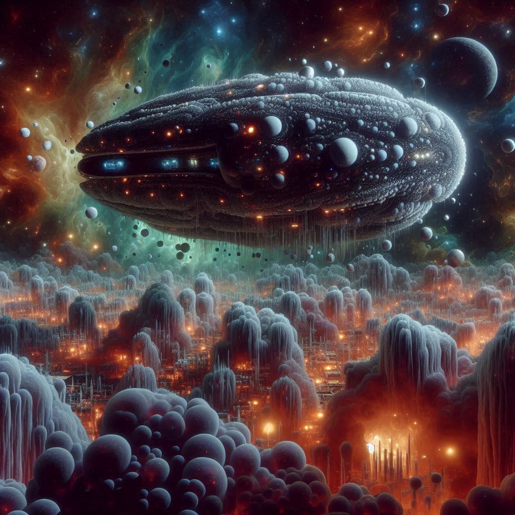 AI generated: Big in the foreground is a dark biotic spaceship made of transparent moldy cells. The strange univer...