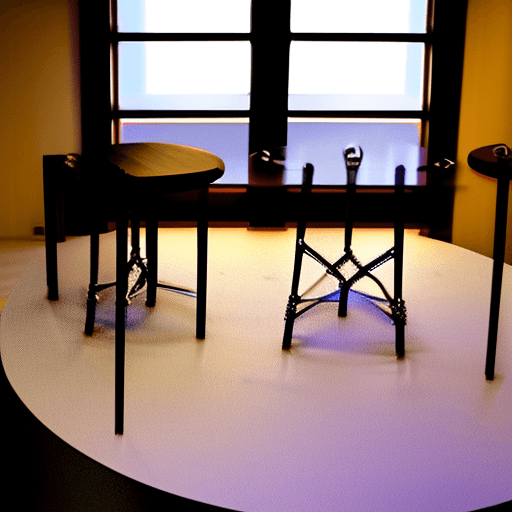 AI generated: photograph, a wall, an empty wooden door frame, camera at 72 inches 48 away, one round table with 4 ...