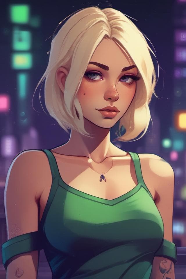 AI generated: highly detailed portrait of blonde tatto girl mini dress by atey ghailan, by greg rutkowski, by greg...