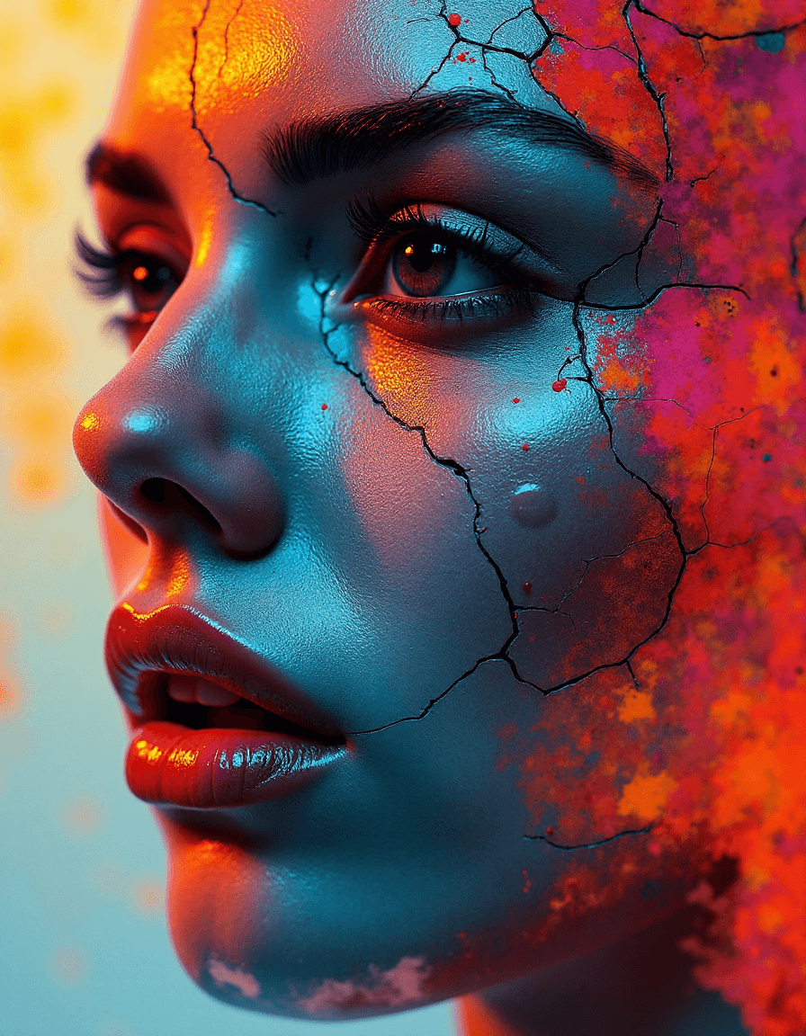 AI generated: double exposure of acrylic paint, abstract womanâs face, in the style of shattered, segmented crac...