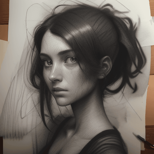 AI generated: A captivating charcoal sketch of a dark haired female subject's head and neck, masterfully executed ...