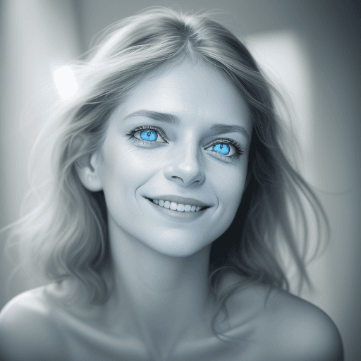 AI generated: focus on the nose, sharp nose, A captivating portrait of a woman grinning, her entire face, includin...
