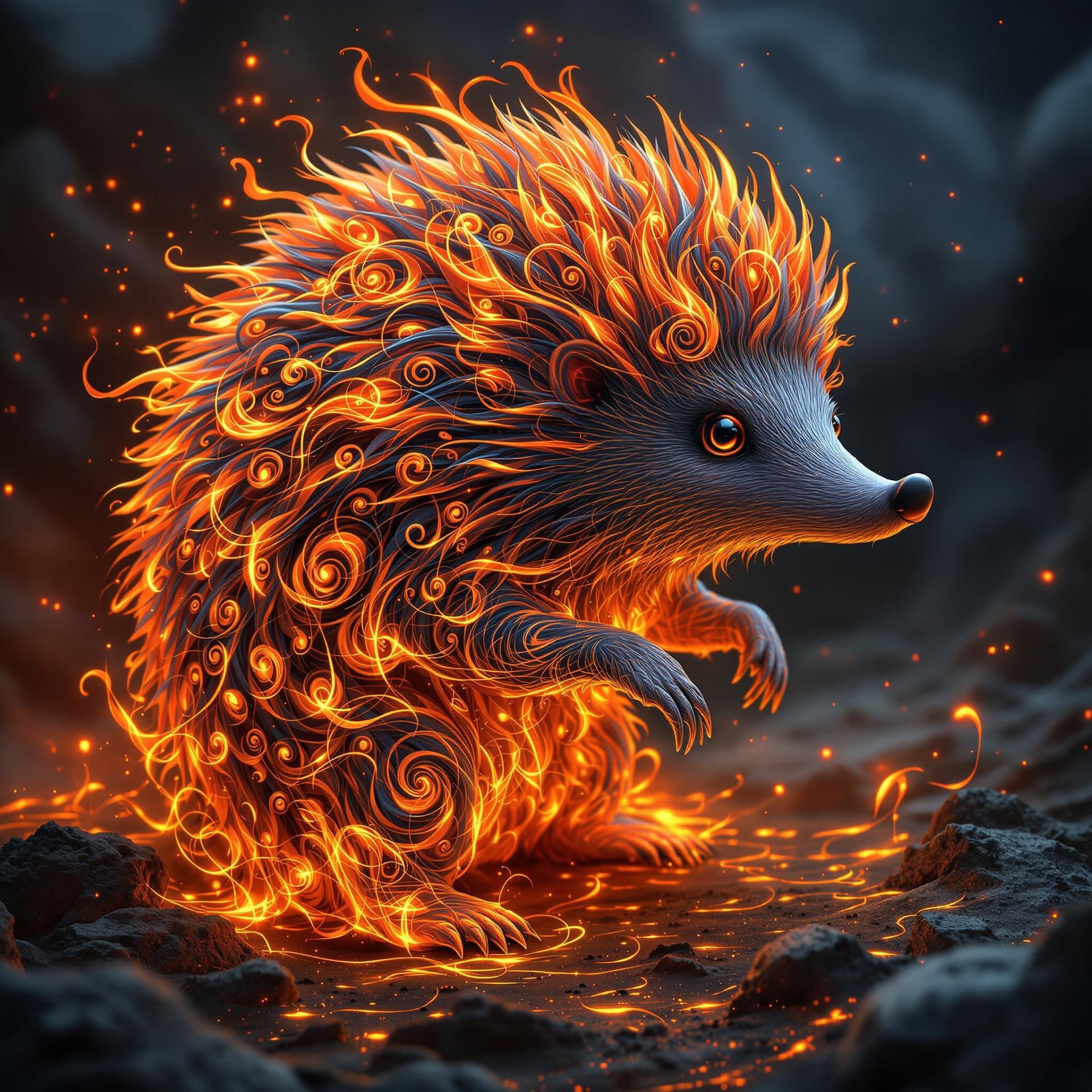 AI generated: A mesmerizing (hedgehog) crafted from swirling fire and lava, adorned with enchanted swirls, This fa...