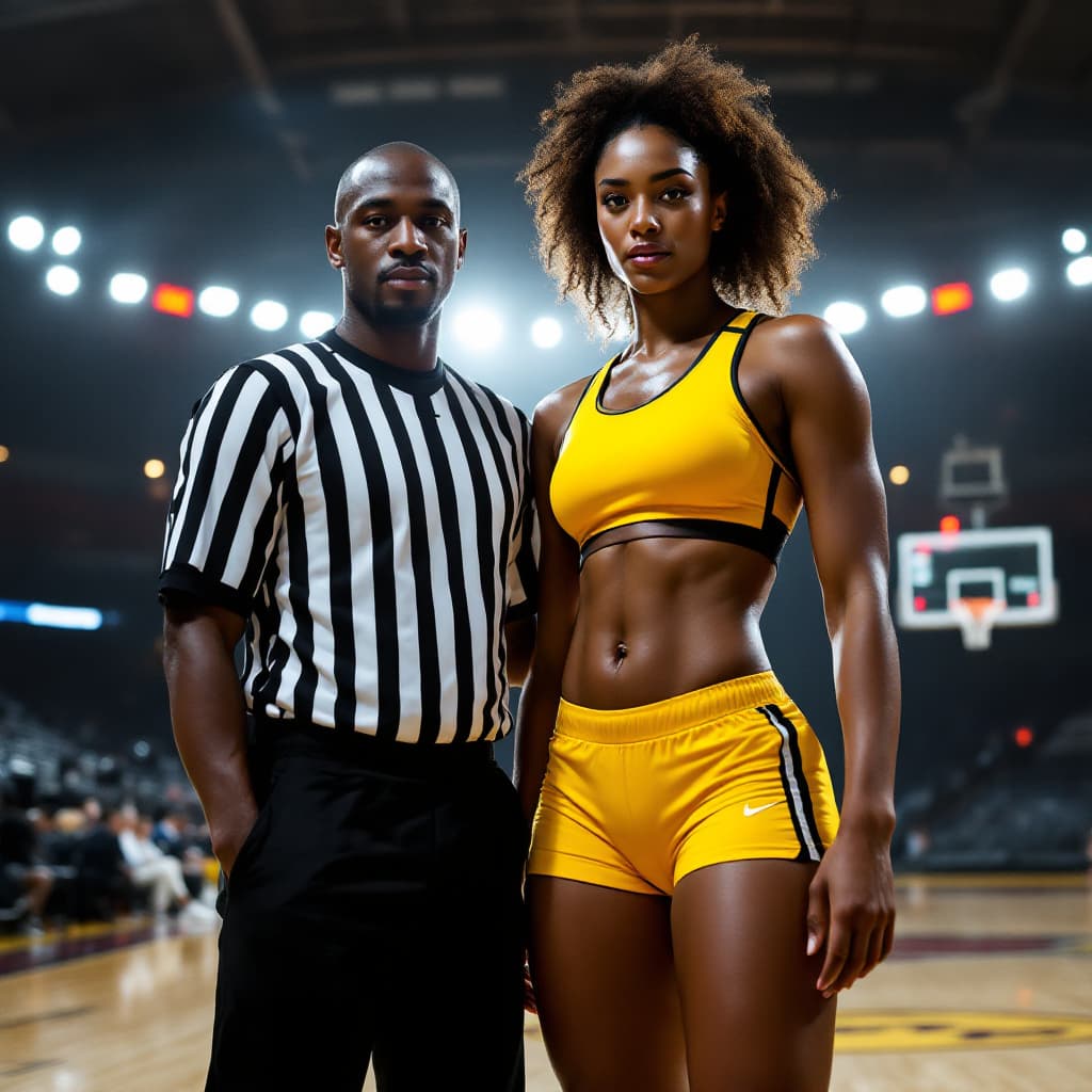 AI generated: An 10ft tall confident heavily built extremely beautiful Ethiopian looking  African female basketbal...
