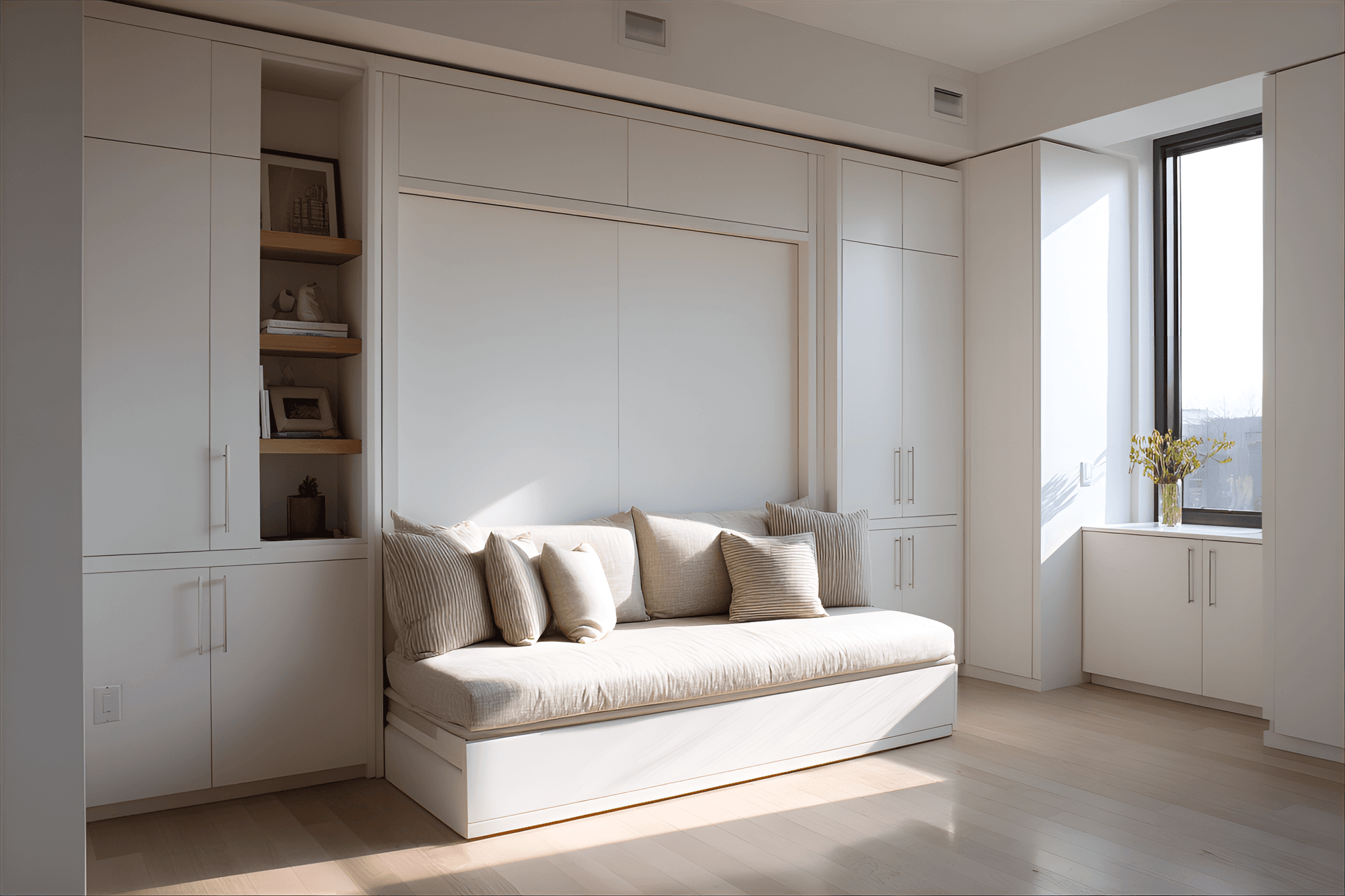 AI generated: photography, a minimalist space focused on functionality, with hidden storage, sleek lines, and a ne...