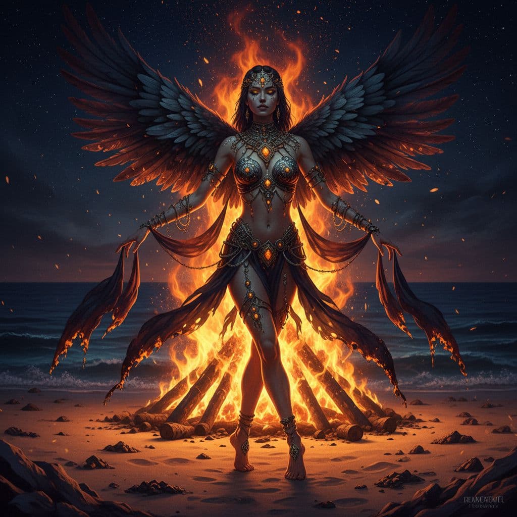 AI generated: dancer with feathers and jewelry at night on the beach by the fire in the style of magali villeneuve...