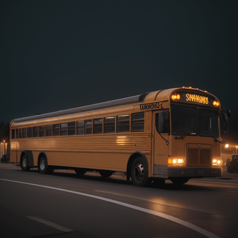 AI generated: far away view of a school bus, in a parking lot, by night, captured with a Canon EOS R5, 50mm f/1.2 ...