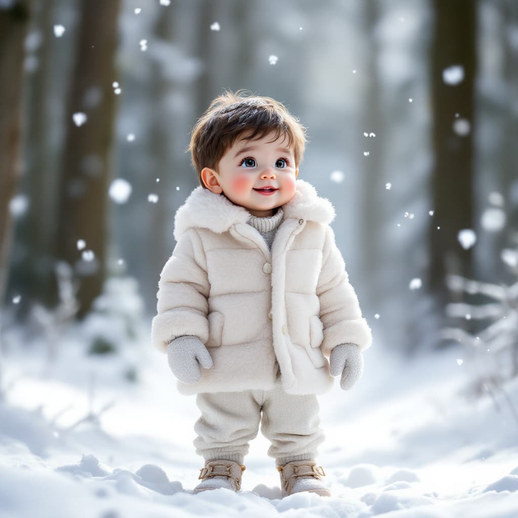 AI generated: A 3-year-old boy with chubby cheeks and bright, curious eyes stands in a snowy forest, surrounded by...