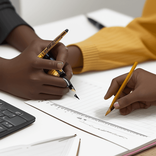 AI generated: create an image of a light skinned African holding one pencil in between hands a calculator on one s...