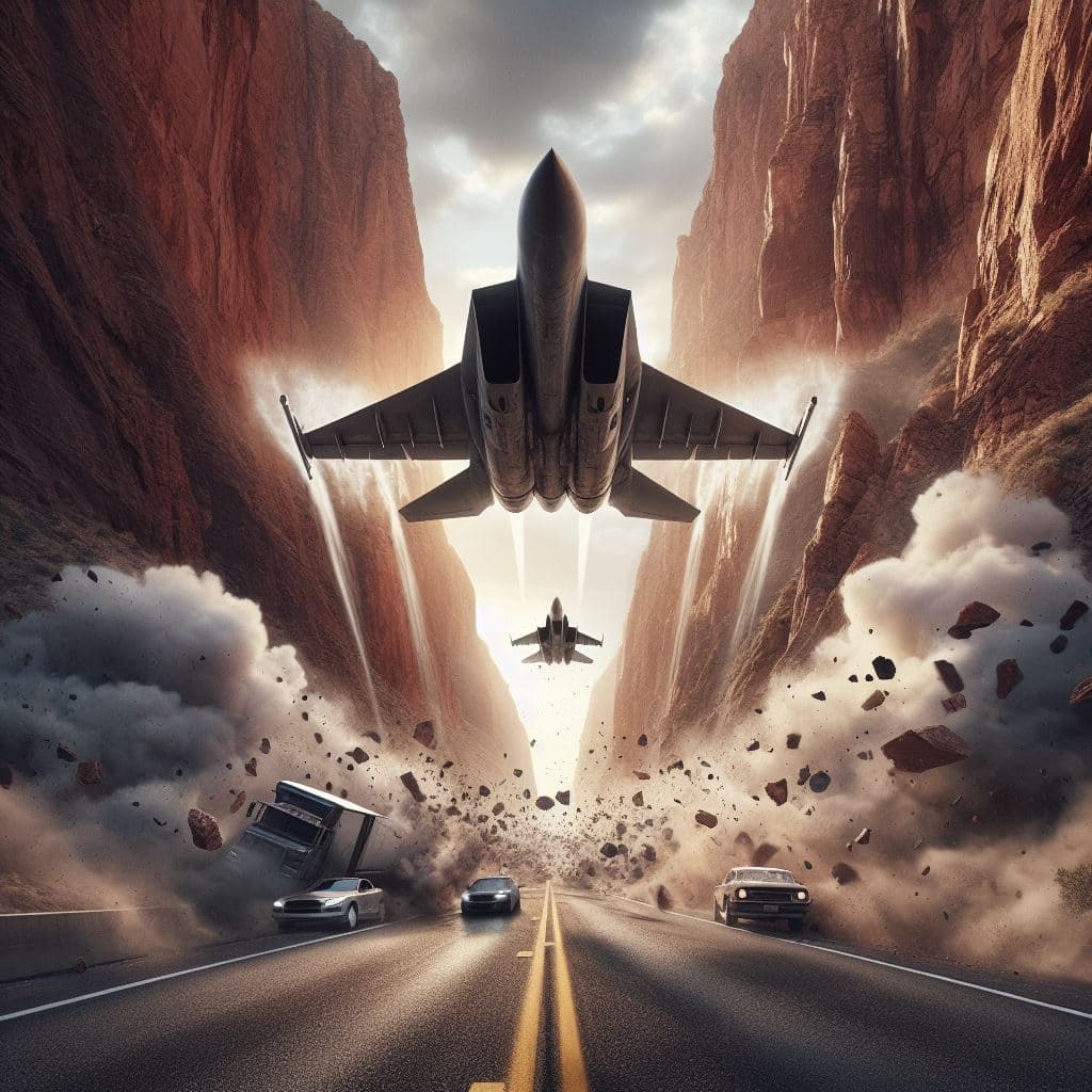 AI generated: A digital CGI image depicting a dramatic scene of two fighter jets crashing into a narrow canyon, ca...