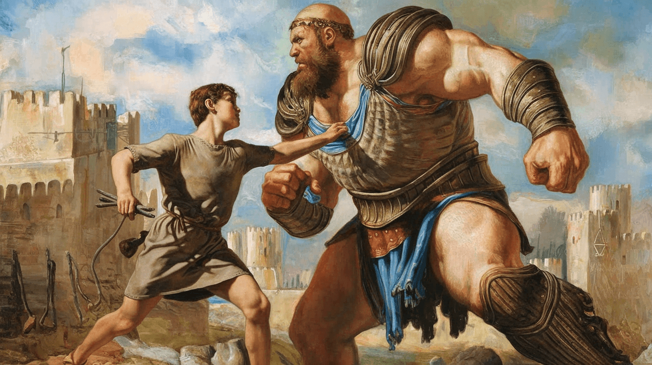 AI generated: david 15 yo sheppard clothes, vs goliath, photorealism --v 5.1