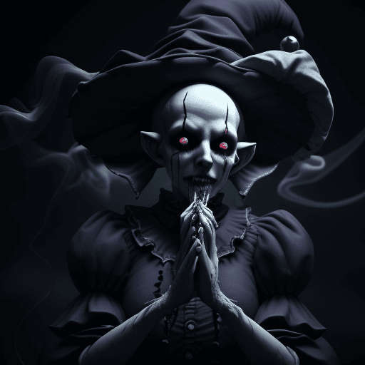 AI generated: 3d render, jester hat in head smoke swirling horror court jester dripping plasma, disintegrating, gh...