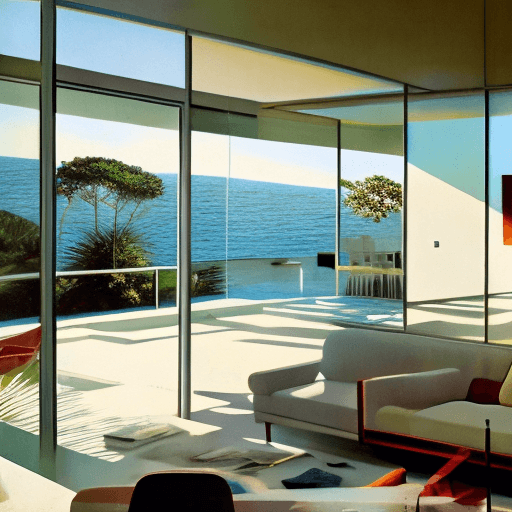 AI generated: Hyper realistic eye level exterior photo of a mid century modern style house overlooking the ocean, ...