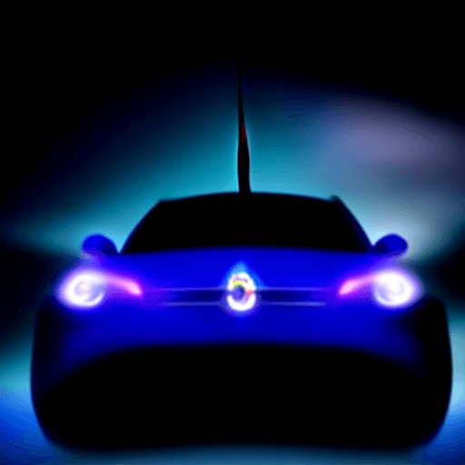 AI generated: Fiat 500 car with aggressive styling. Extra headlights. Ultraviolet. Sharks teeth. Unicorn
