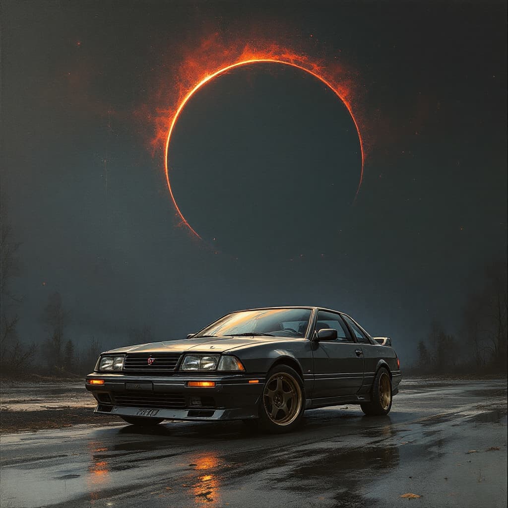 AI generated: void pursuit
old JDM car
looking at camera
eyes90's poster
small eclipse
scuffs, aging of the canvas